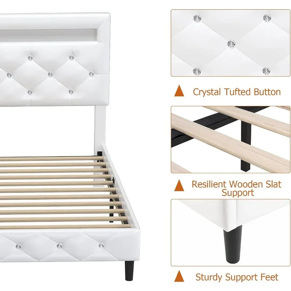 Platform Bed Frame Full Size with LED Lights, Adjustable Tufted Headboard