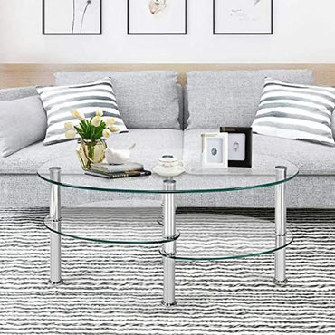 Tempered Glass Coffee Table 3-Tier Steel Oval Table