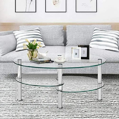 Tempered Glass Oval Coffee Table 3-Tier Steel Tea Table