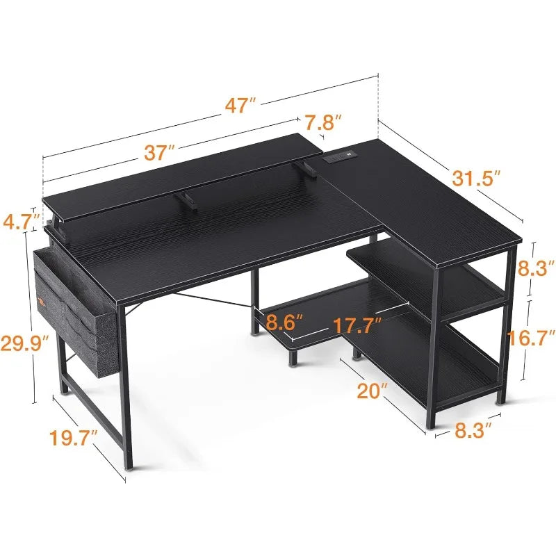 L Shaped 48 Inch Computer Desk with USB Charging Port & Power Outlet