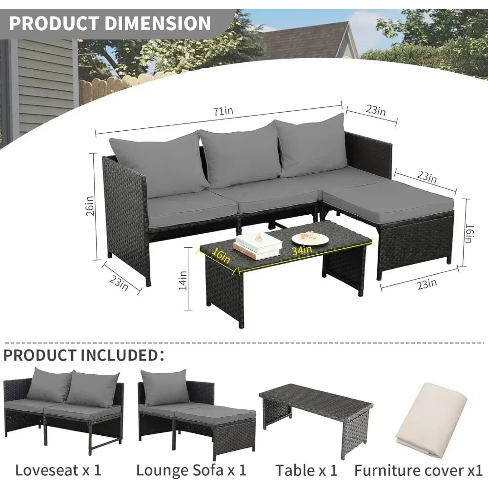 3-Piece Outdoor PE Rattan Furniture Set Patio Black Wicker Conversation Loveseat Sofa