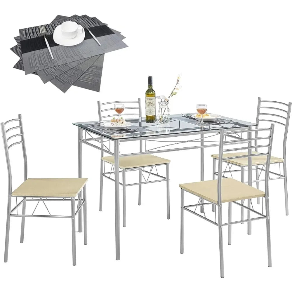 Dining Table Set of Tables and Chairs for Dining Room Glass Top Silvery Small Space Chair