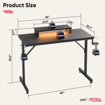 Gaming Desk with Monitor Stand,42 inch LED Computer Desks,Gamer Holder Headset Hooks