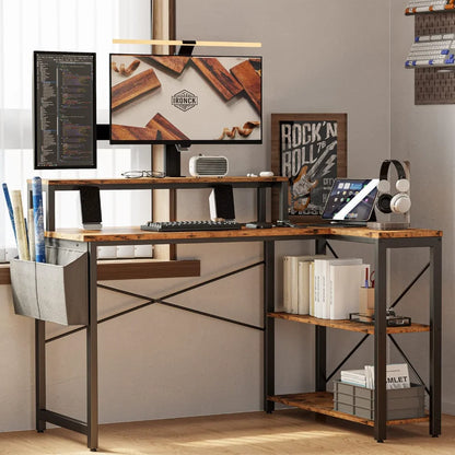 L Shaped Desk with Charging Station and Storage Shelves, 47 inch Corner Computer Desk