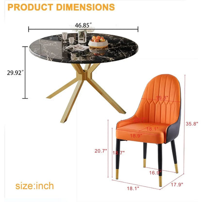 Dining Room Furniture Kitchen Dining Table Set With 6 Orange Leather Cushioned Dining Chairs