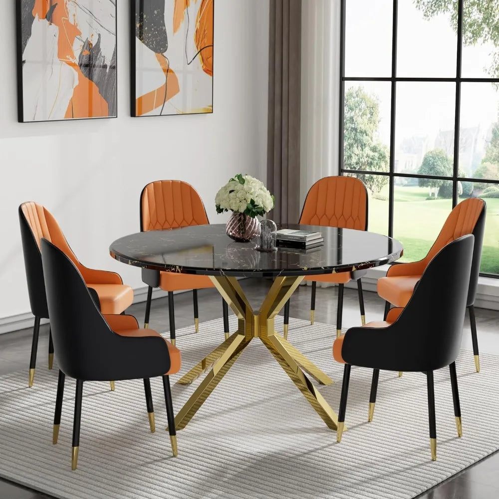 Dining Room Furniture Kitchen Dining Table Set With 6 Orange Leather Cushioned Dining Chairs