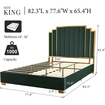 King Bed Frame with 65" Velvet Upholstery