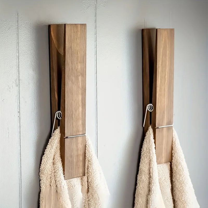 Large Wooden Wall Mounted Towel Rack Wooden Giant Towel Clip Bathroom Room Decor Rustic Wooden Clothes Hook