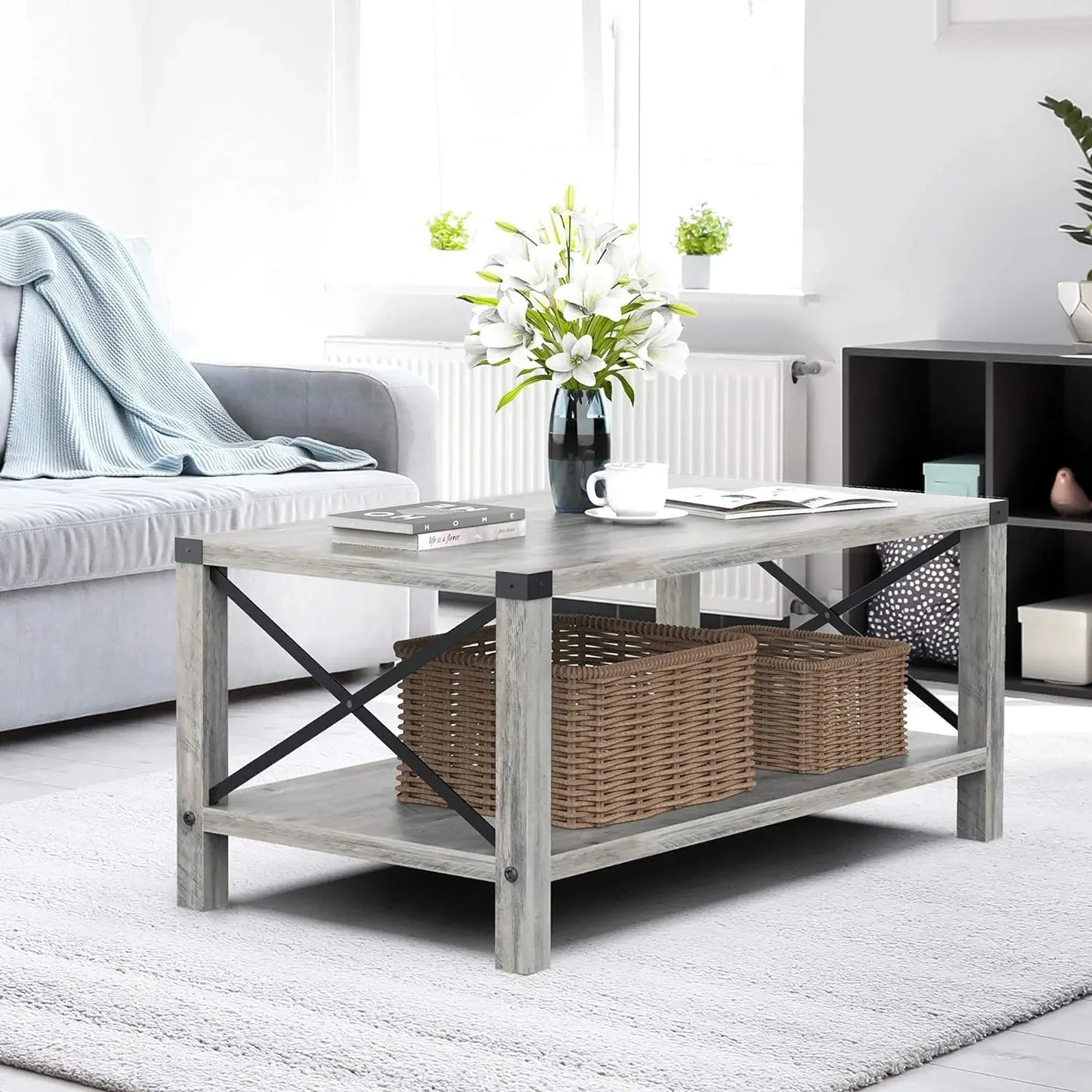 Rectangle Coffee Table 2-Tier Farmhouse Coffee Table for Living Room