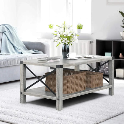 Rectangle Coffee Table 2-Tier Farmhouse Coffee Table for Living Room