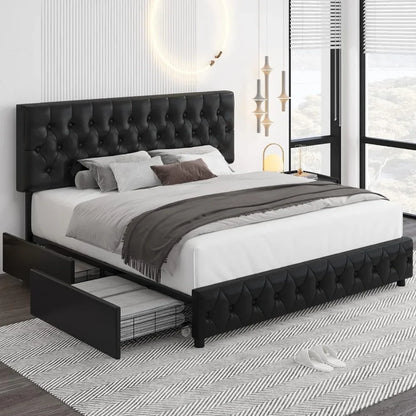 Faux Leather Platform Bed Queen Size with 4 Storage Drawers