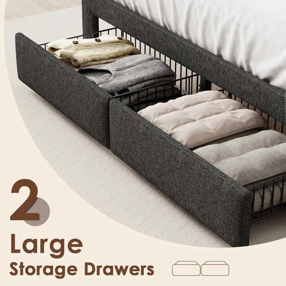 Bed Frame with 2 Storage Drawers with Headboard and Charging Station