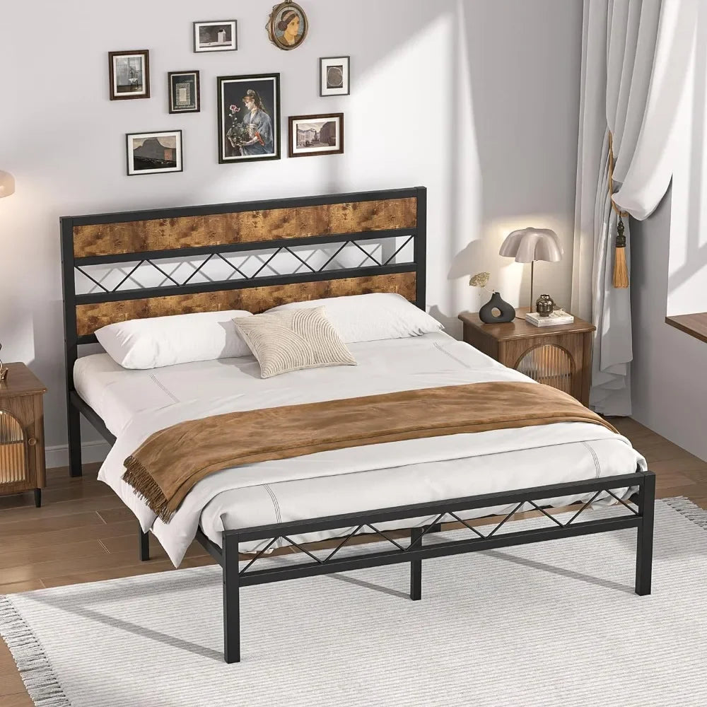 Metal platform bed frame, vintage wood headboard