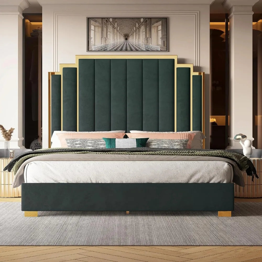 Bed Frame, 61.4" Velvet Upholstered Bed with Gold Accent Headboard