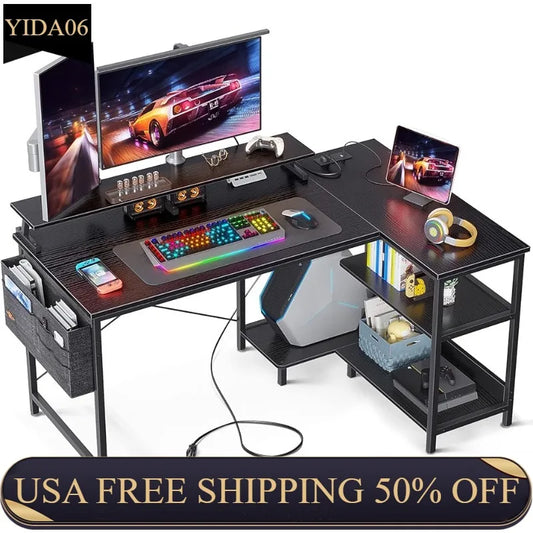 L Shaped 48 Inch Computer Desk with USB Charging Port & Power Outlet