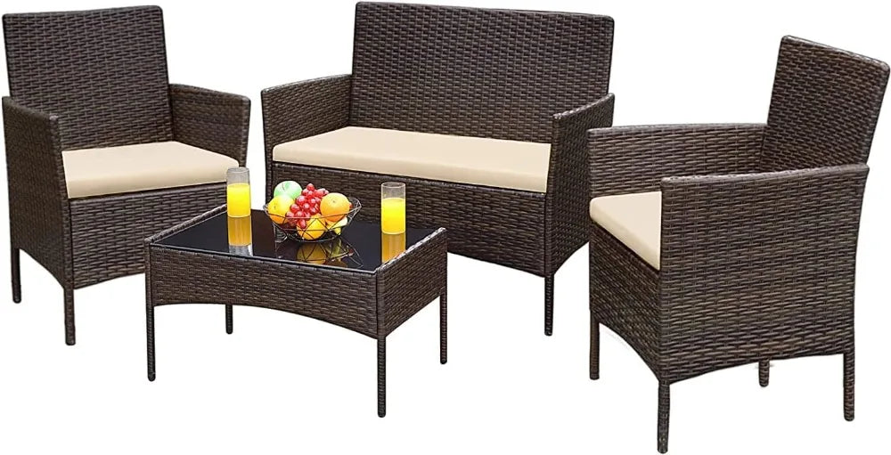Patio Furniture 4 Pieces Conversation Sets Outdoor Wicker Rattan Chairs