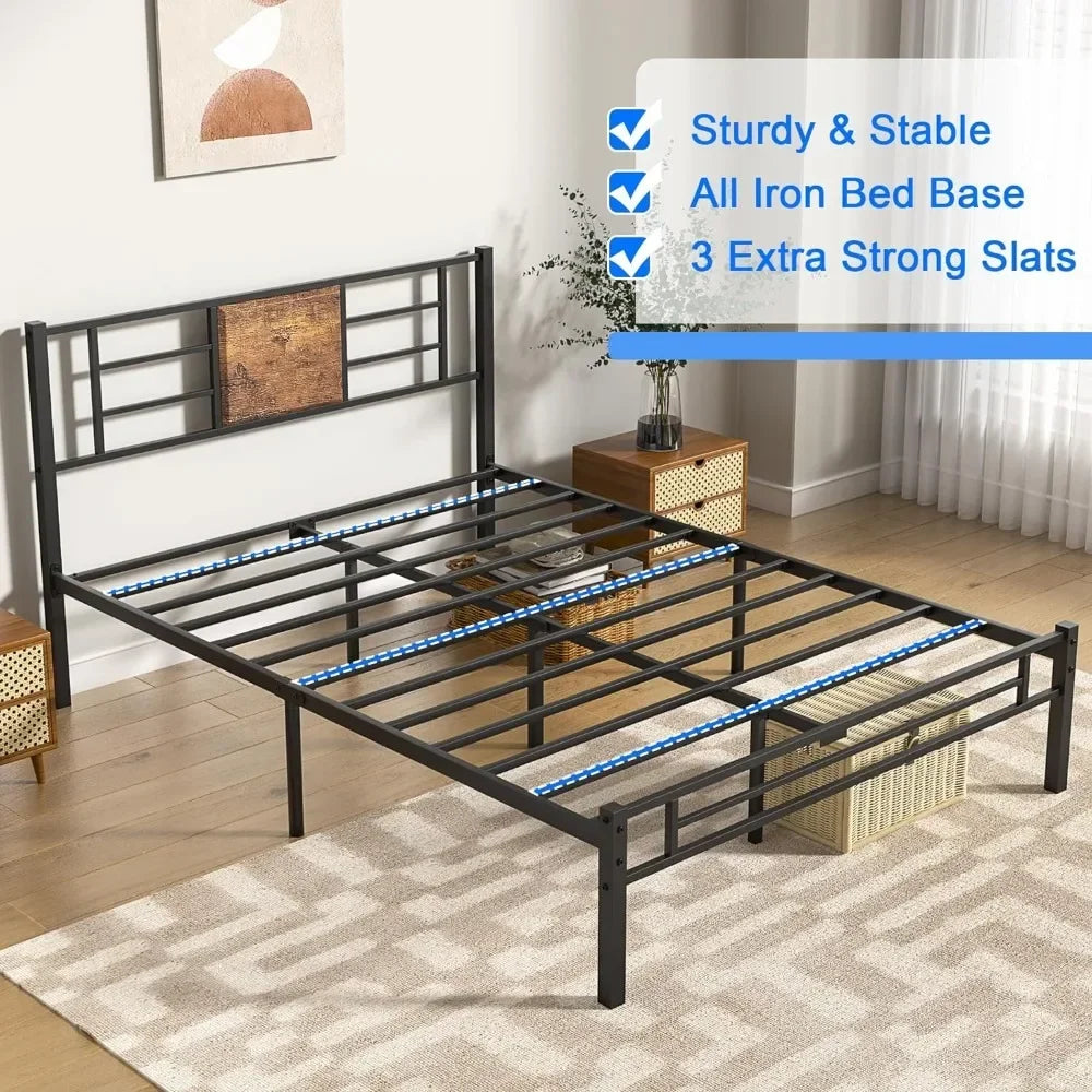 Full Size Bed Frame with Headboard, Heavy beds Platform Steel Slats Support