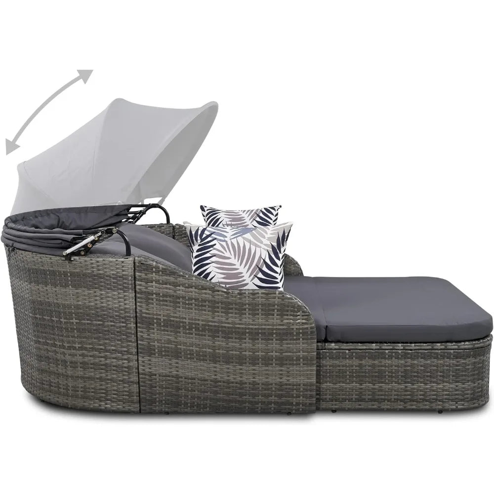 79.9" Outdoor Daybed with Adjustable Canopy, Patio PE Rattan Sunbed