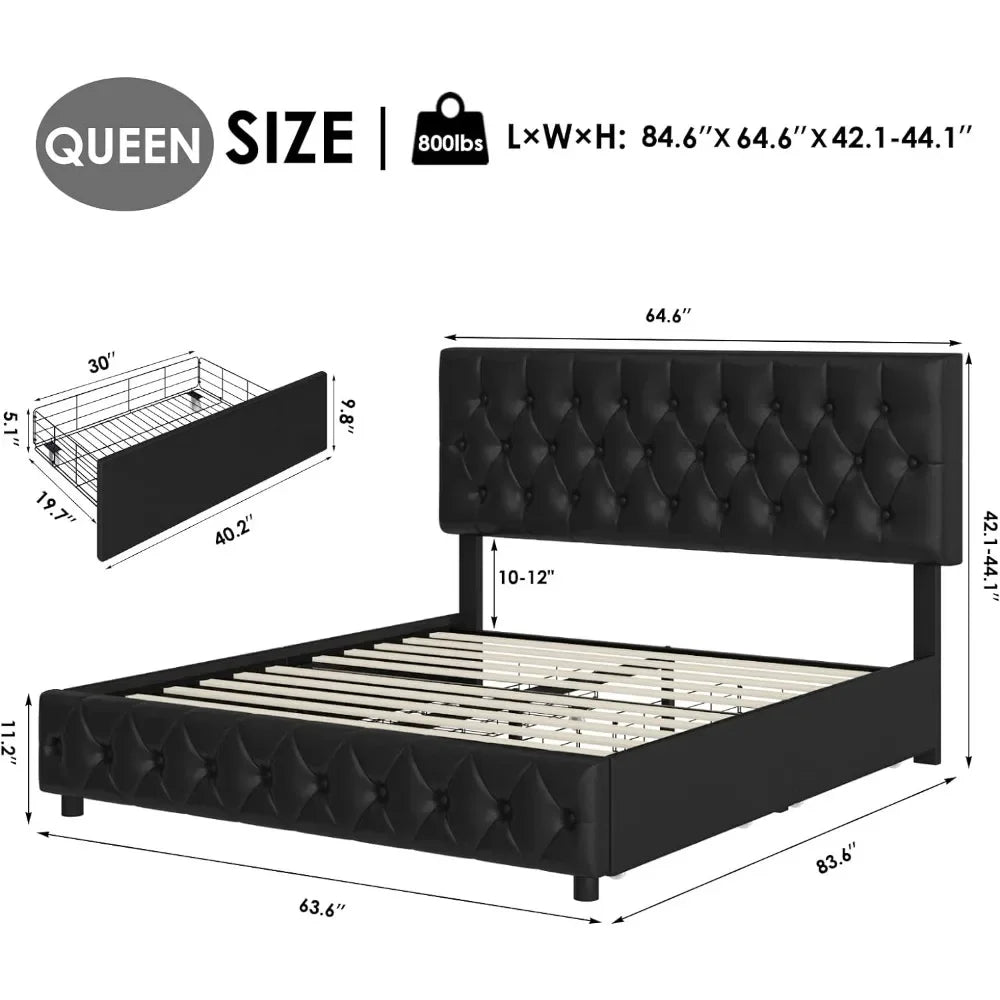 Faux Leather Platform Bed Queen Size with 4 Storage Drawers