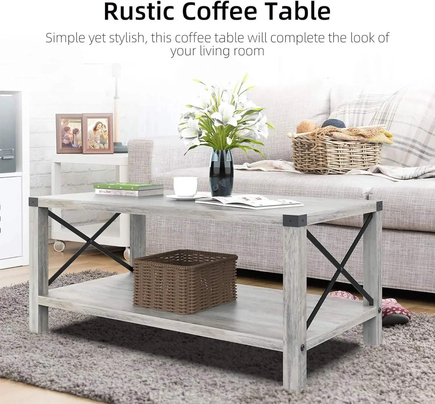 Rectangle Coffee Table 2-Tier Farmhouse Coffee Table for Living Room