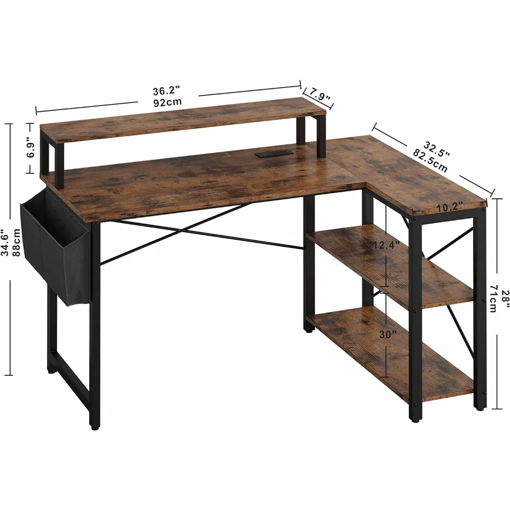 L Shaped Desk with Charging Station and Storage Shelves, 47 inch Corner Computer Desk