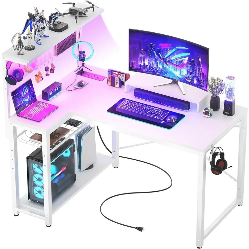 Small Gaming Desk with Power Outlets LED Light 43 Inch L Shaped Computer Desk