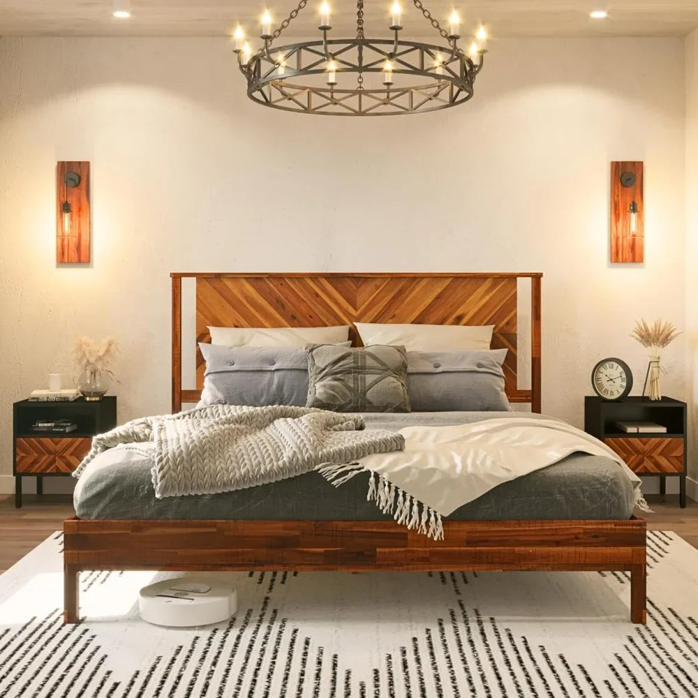 Luxury Bed Frame with Headboard, Solid Acacia Wood, No Need for Springs