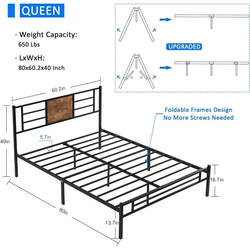 Full Size Bed Frame with Headboard, Heavy beds Platform Steel Slats Support