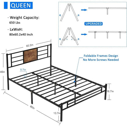 Full Size Bed Frame with Headboard, Heavy beds Platform Steel Slats Support