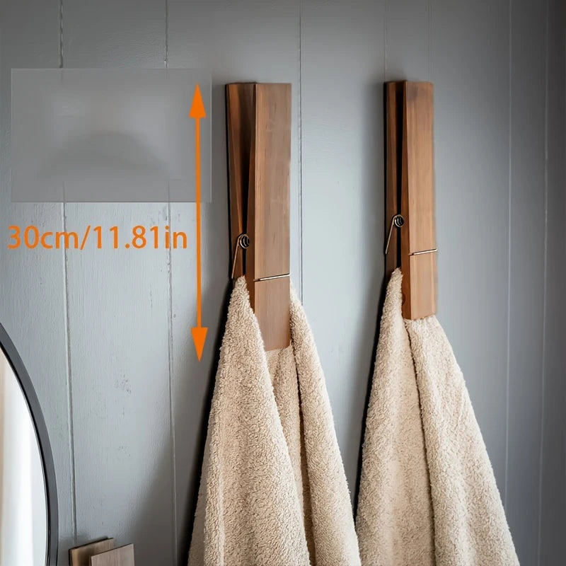 Large Wooden Wall Mounted Towel Rack Wooden Giant Towel Clip Bathroom Room Decor Rustic Wooden Clothes Hook