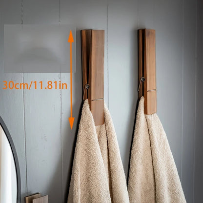Large Wooden Wall Mounted Towel Rack Wooden Giant Towel Clip Bathroom Room Decor Rustic Wooden Clothes Hook