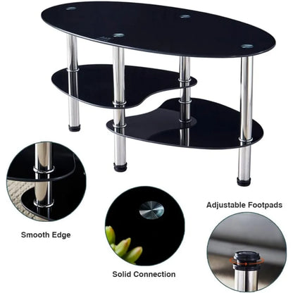 Oval-Shaped Glass Tea Table for Office, 3-Tier Modern Coffee Table