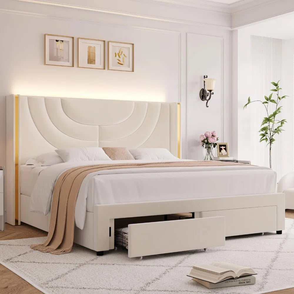 LED Queen Bed Frame with 2 Storage Drawers Solid Wooden