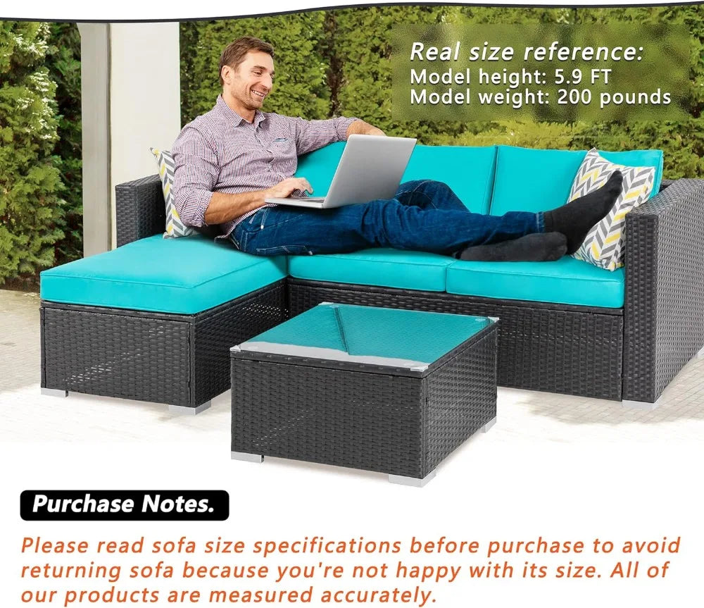 Outdoor Wicker Patio Sofa Set, Black All-Weather Rattan Small Sectional Patio Set