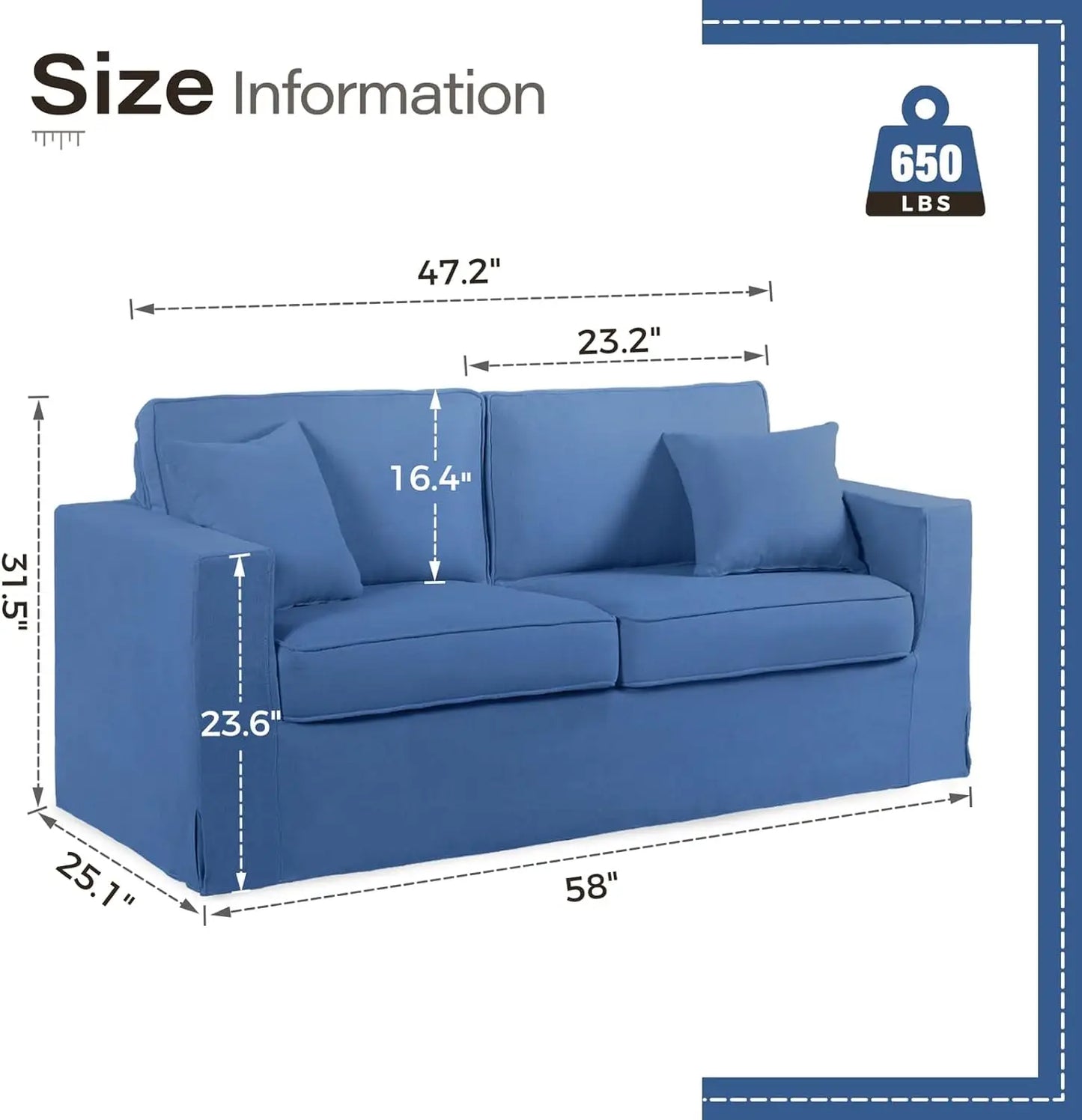 58 inch Loveseat Sofa, Fabric Small Modern Sofa with 2 Throw Pillows