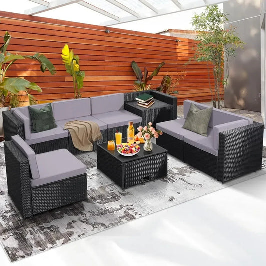 Garden Sofas Wicker Rattan Patio Furniture Sectional Set, Glass Top Table