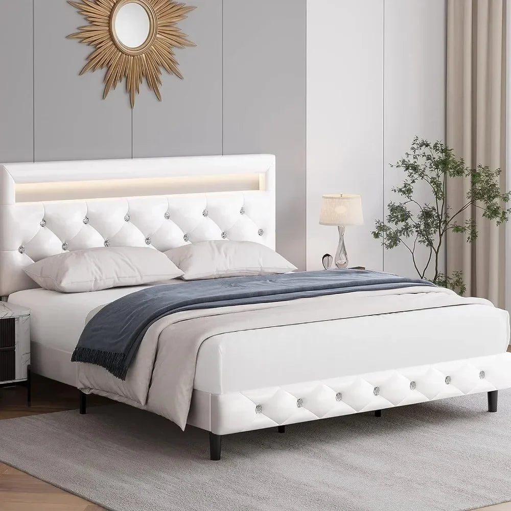 Platform Bed Frame Full Size with LED Lights, Adjustable Tufted Headboard