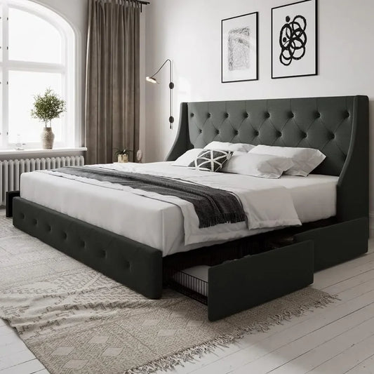 Queen-size bed frame with 4 storage drawers and wing-back headboard