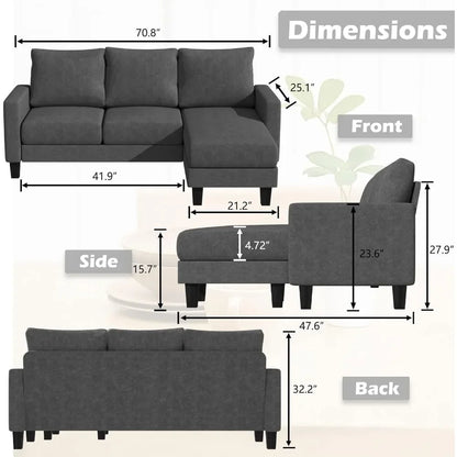 Convertible Sectional 3 L-Shaped Couch Soft Seat with Linen Fabric