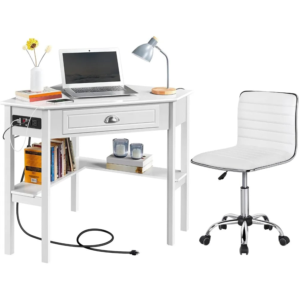 Home Office Furniture Set, L Shaped Computer Corner Desk with Outlets and USB Ports