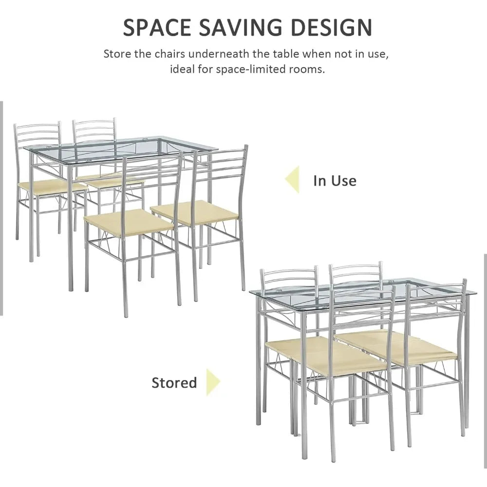 Dining Table Set of Tables and Chairs for Dining Room Glass Top Silvery Small Space Chair