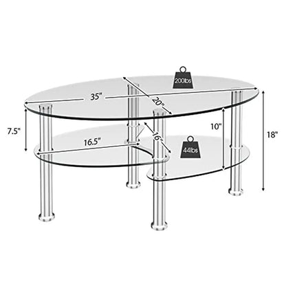 Tempered Glass Oval Coffee Table 3-Tier Steel Tea Table