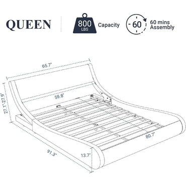 Modern Bed Frame Low-profile Toboggan Bed with Faux Leather