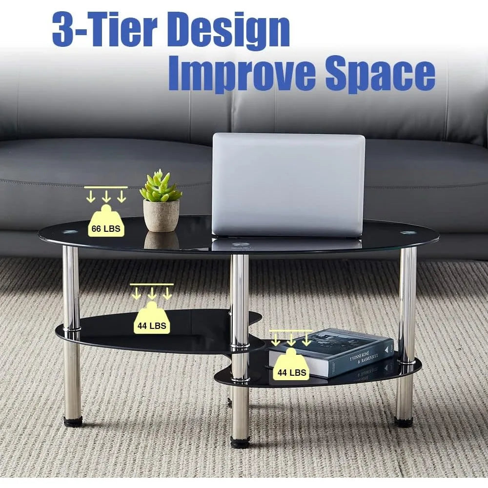 Oval-Shaped Glass Tea Table for Office, 3-Tier Modern Coffee Table