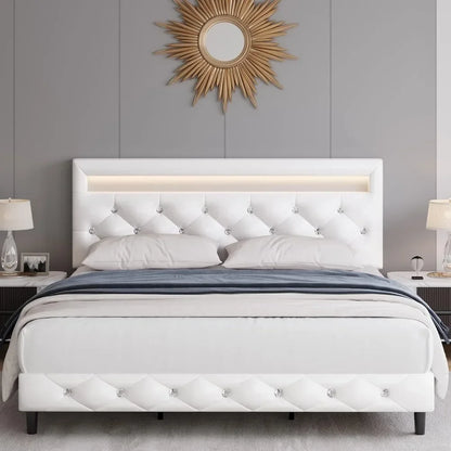 Platform Bed Frame Full Size with LED Lights, Adjustable Tufted Headboard