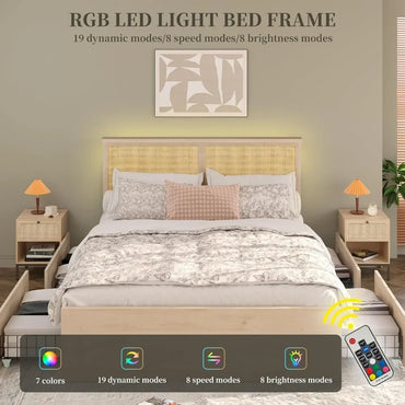 Rattan Bed Frame with Headboard and Wooden 4 Storage Drawers