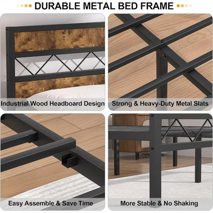 Metal platform bed frame, vintage wood headboard