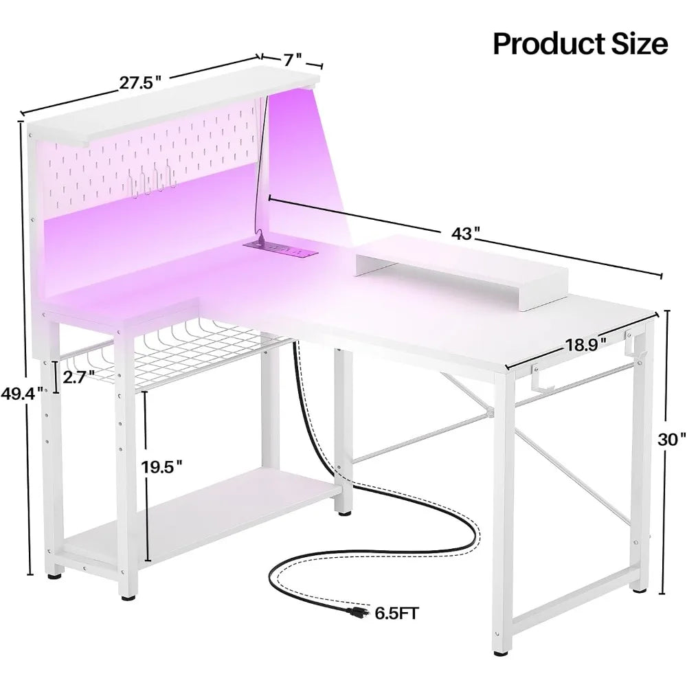 Small Gaming Desk with Power Outlets LED Light 43 Inch L Shaped Computer Desk