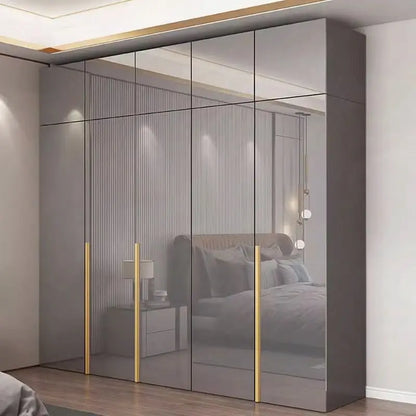 Light Luxury Minimalist Eco-friendly Glossy Wooden Wardrobe Five or Six Door Large Rental Cabinet for Home Bedroom