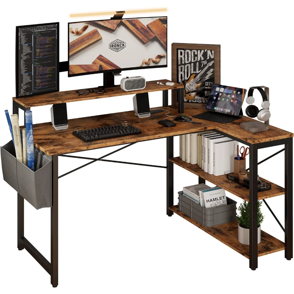 L Shaped Desk with Charging Station and Storage Shelves, 47 inch Corner Computer Desk